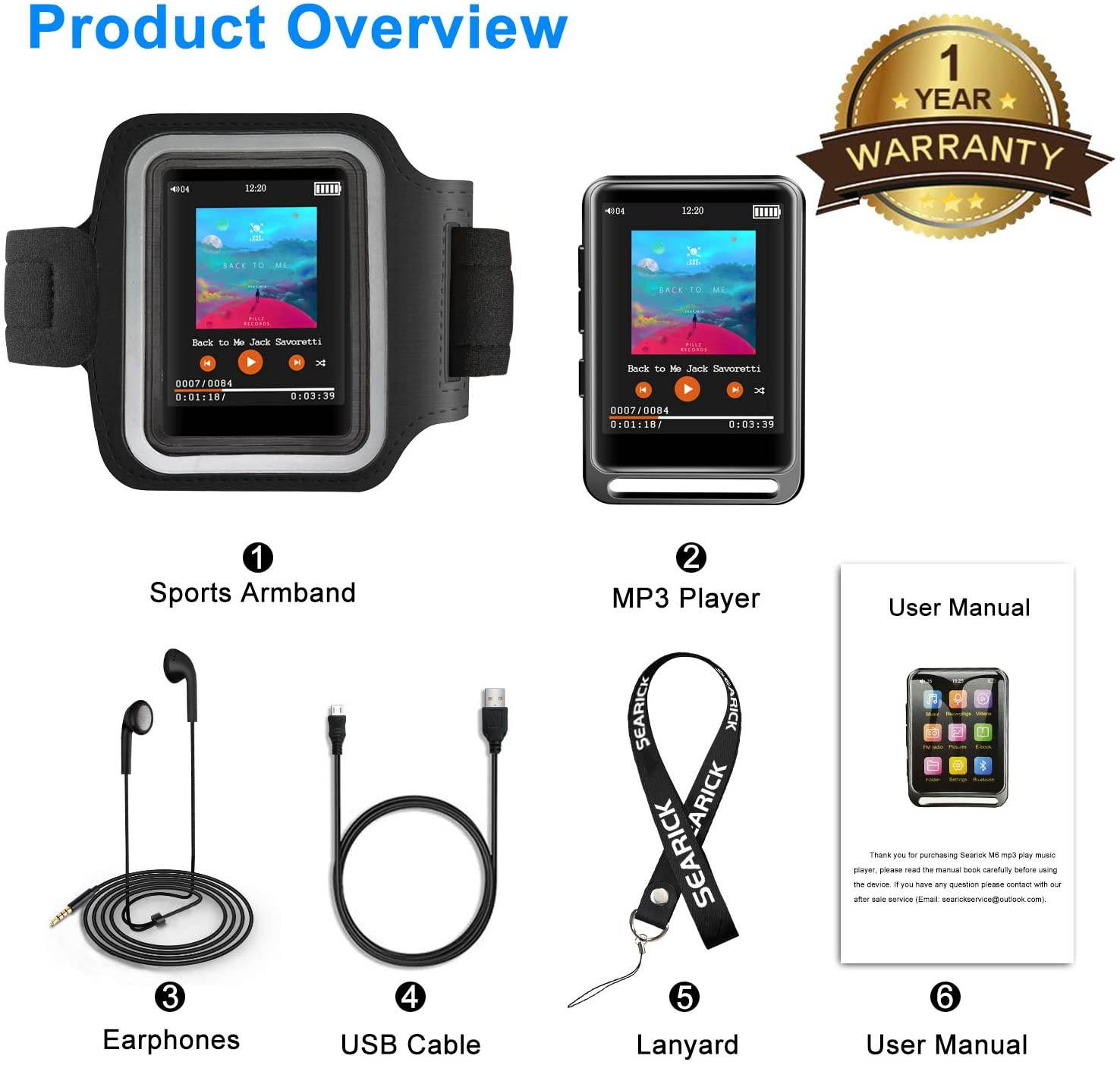 MP3 Player, Searick 16G MP3 Player with Bluetooth 4.2, 2.4" LCD Portable HiFi Lossless Sound Music MP3 Players with FM Radio/Voice Recorder, Support up to 128GB (Headphone, Armband, Lanyard Included)