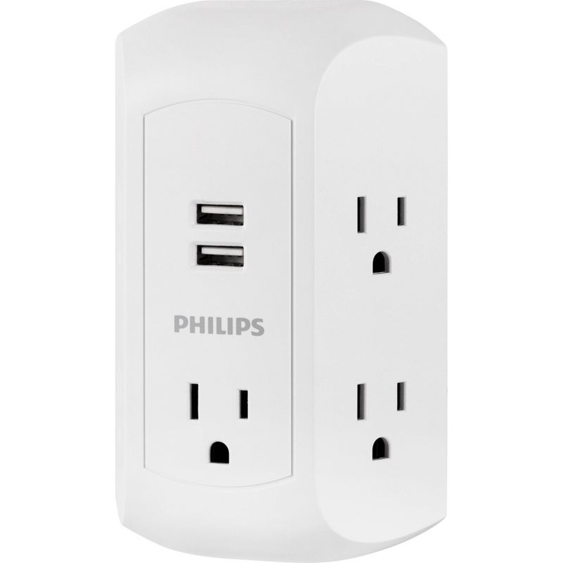 Philips 5-Outlet Grounded Tap 2 USB Ports 2.4A Adapter Spaced Outlets 560J - White Turtle
