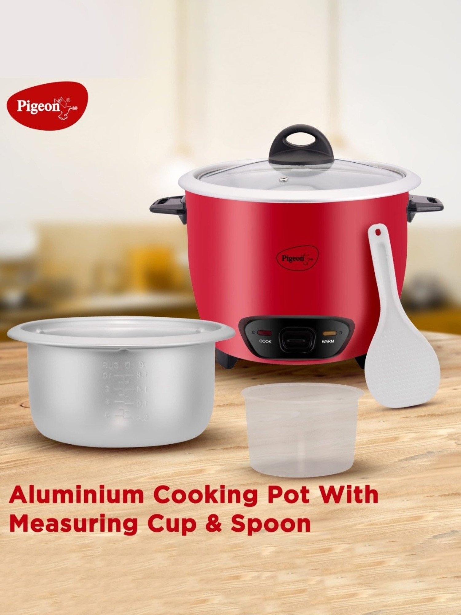 Pigeon Rice Cooker 700W, 1.8L with Single pot & Measuring Cup (Red)