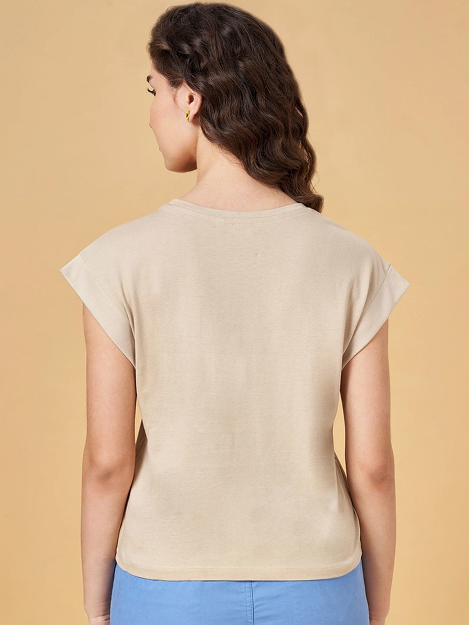 Honey by Pantaloons Khaki Cotton Printed T-Shirt