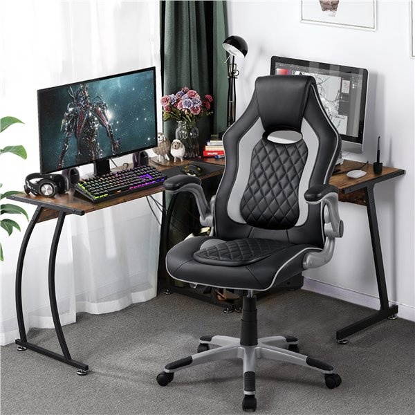Hot sale Leather Office Desk Chair High Back Executive Swivel Task Chair Height Adjustable Gaming Chair with Flip-up Armrests (Gray)