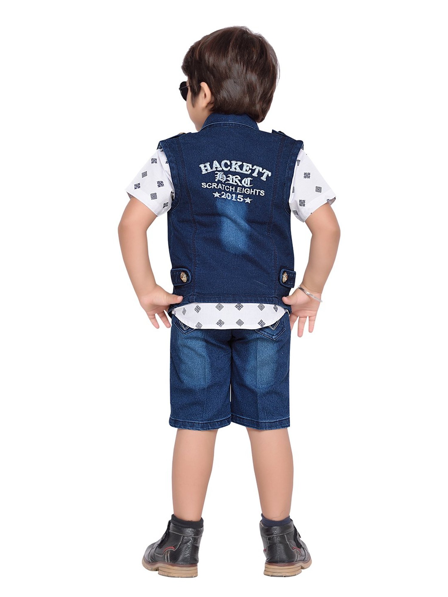 AJ Dezines Kids Sky Blue & Black Solid Full Sleeves Shirt, Pants, Coat, Waistcoat with Tie