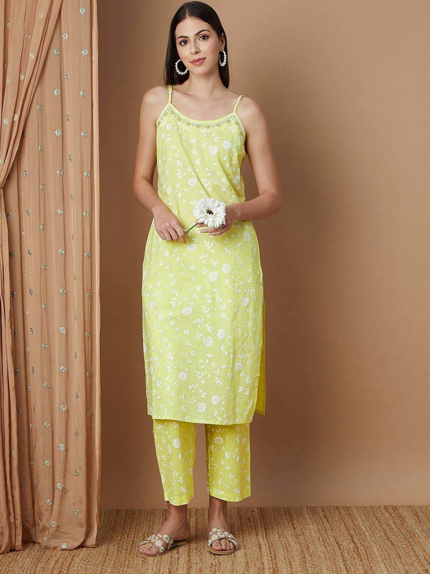 Melange by Lifestyle Lime Yellow Cotton Printed Kurta & Pant Set