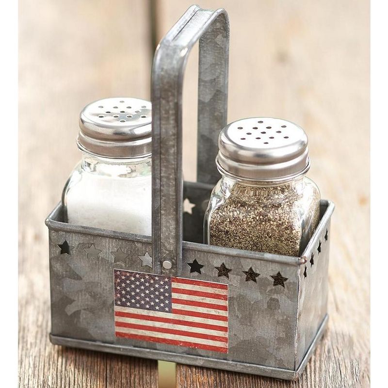 Lakeside Americana Salt and Pepper Shaker Metal Caddy Tray - 3 Pieces