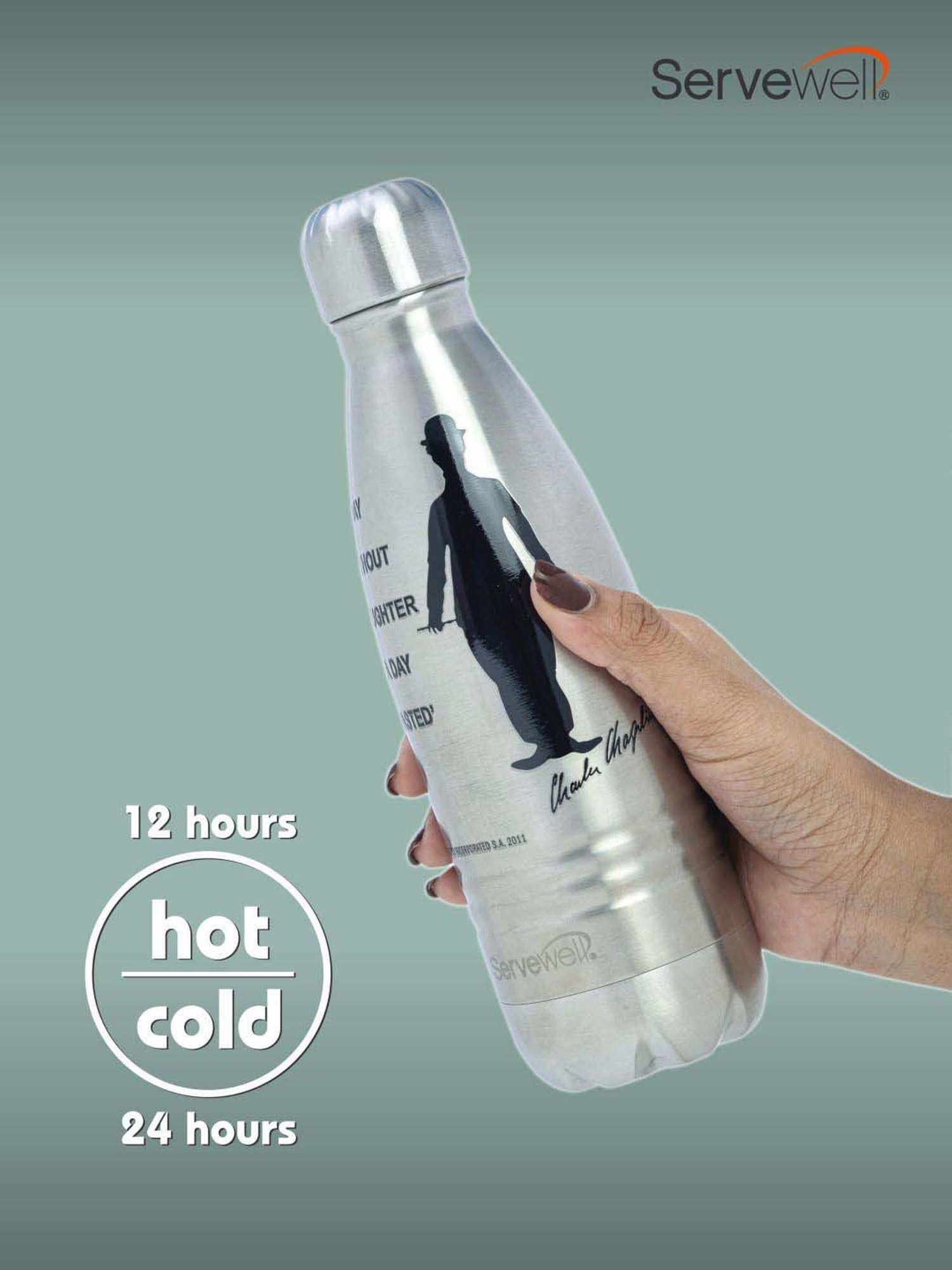 Servewell Indus Silver & Black Stainless Steel Charlie Chaplin Printed Vacuum Bottle (0.5 L)