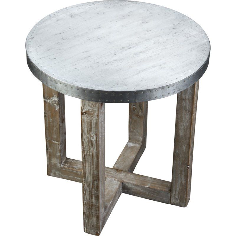 Wood Round Accent Table in White Wash and Zinc Top Silver-Burnham Home Designs