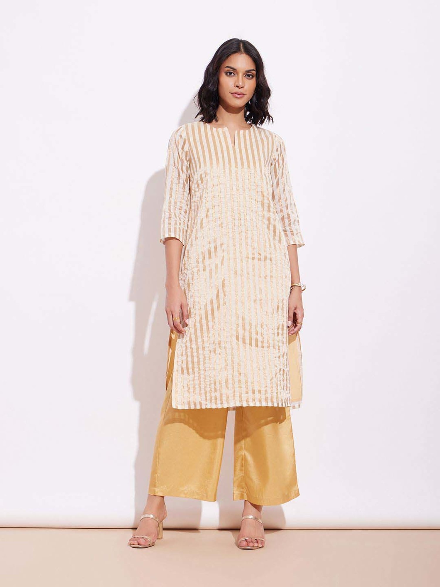 Pink Fort Beige Striped Kurta Palazzo Set
