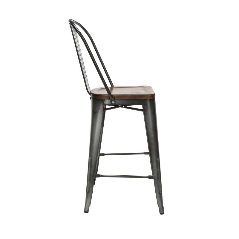 Set of 4 26" Industrial Modern High Back Galvanized Steel Counter Height Barstool with Solid Ash Wood Seats Gunmetal/Walnut - OFM