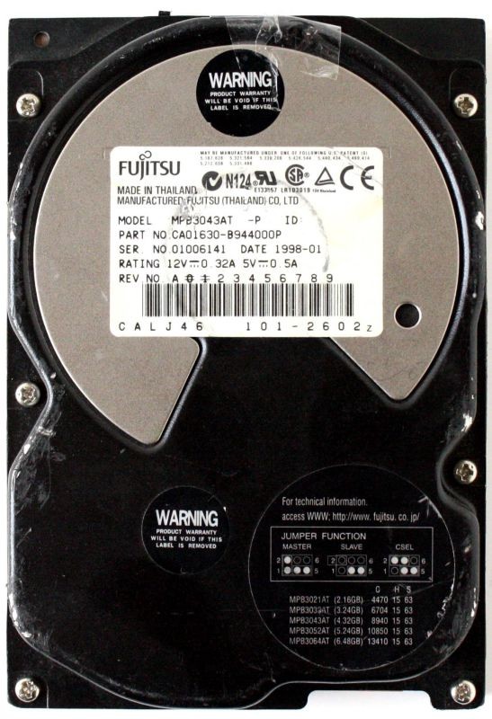 4.3GB HDD MPB3043AT PN: CA01630-B944000P, DATE 1998-01