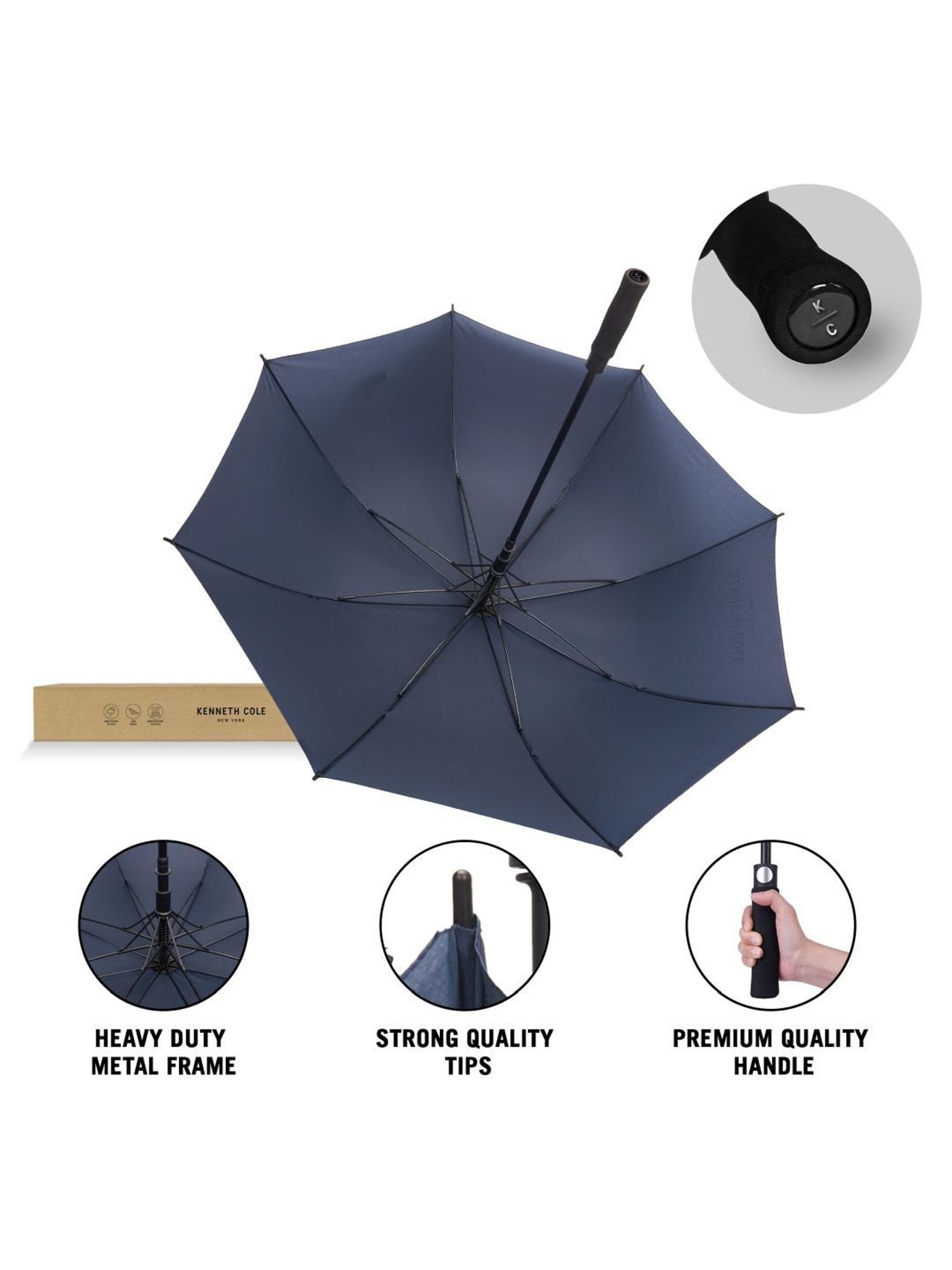 Kenneth Cole New York Automatic Golf UV & Rain Protection Navy Blue Umbrella