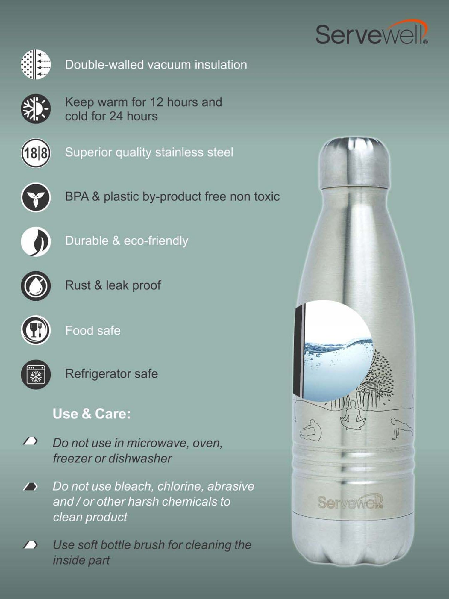 Servewell Indus Silver Stainless Steel Yoga Printed Vacuum Bottle (0.5 L)
