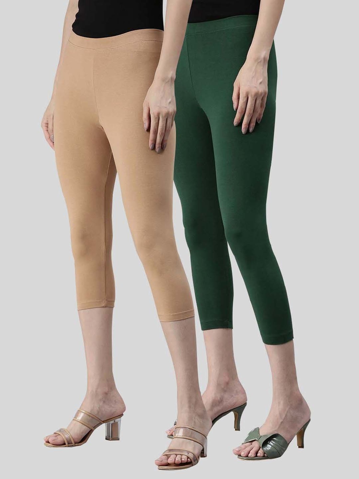 Kryptic Beige & Green Cotton Soild Crop Length Leggings - Pack Of 2