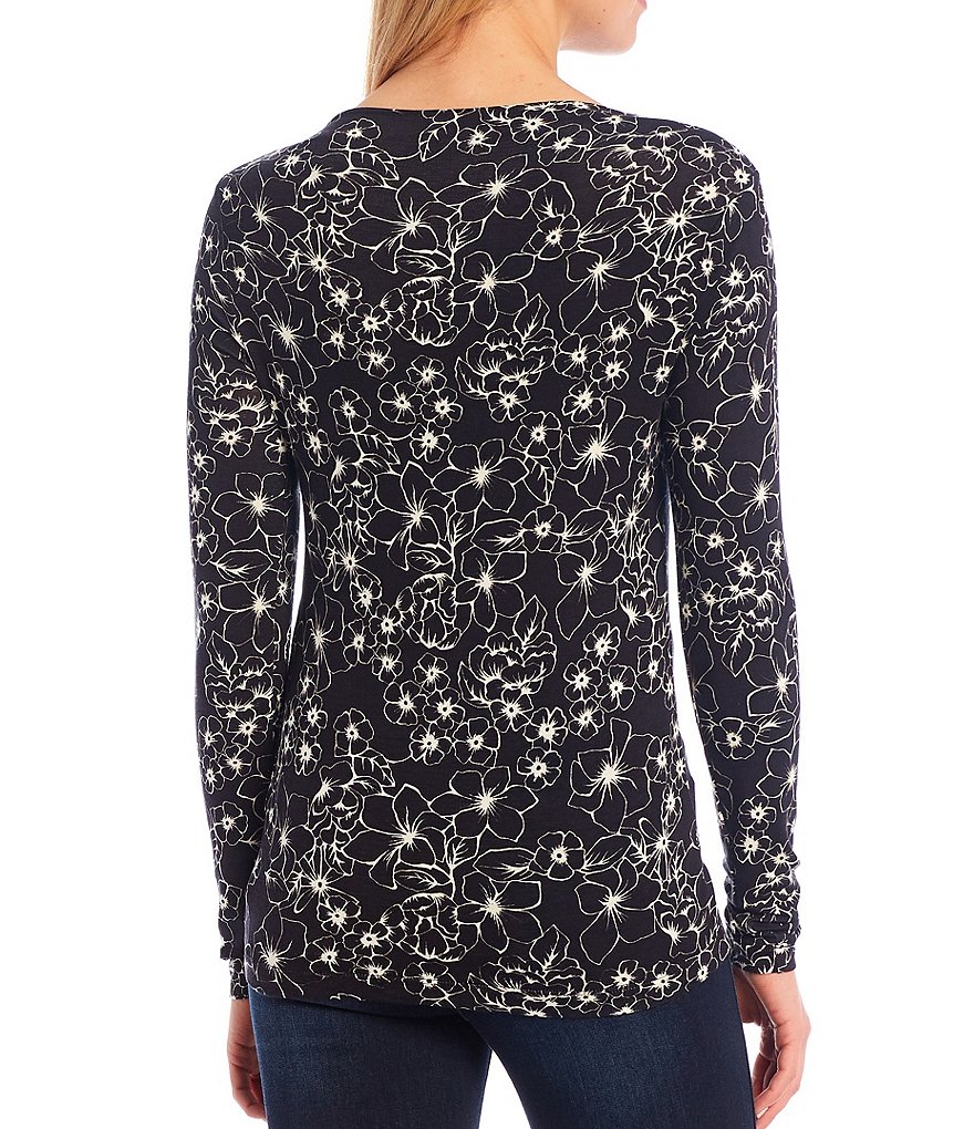 Ella Moss Effie Floral Print Pleat Asymmetrical Neck Long Sleeve Top