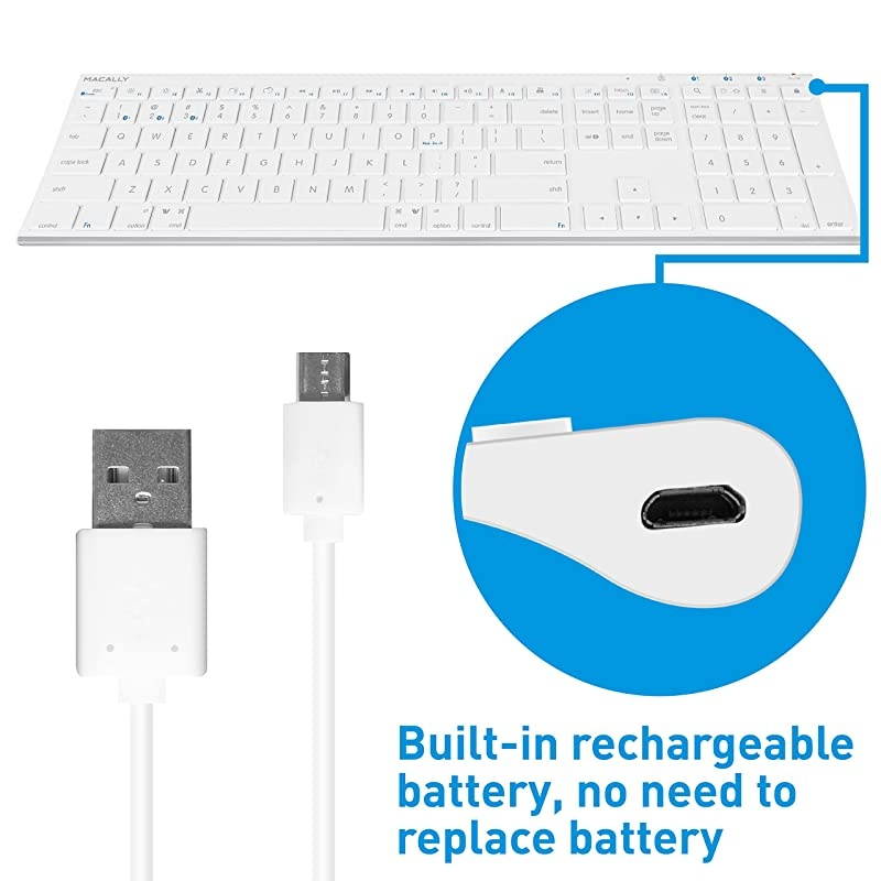 Wireless Bluetooth Keyboard for Mac or PC Multisync Connect up to 3 Devices Simultaneously Rechargeable Mac Wireless Keyboard with 110 Keys 20 Shortcuts and Numeric Keypad White