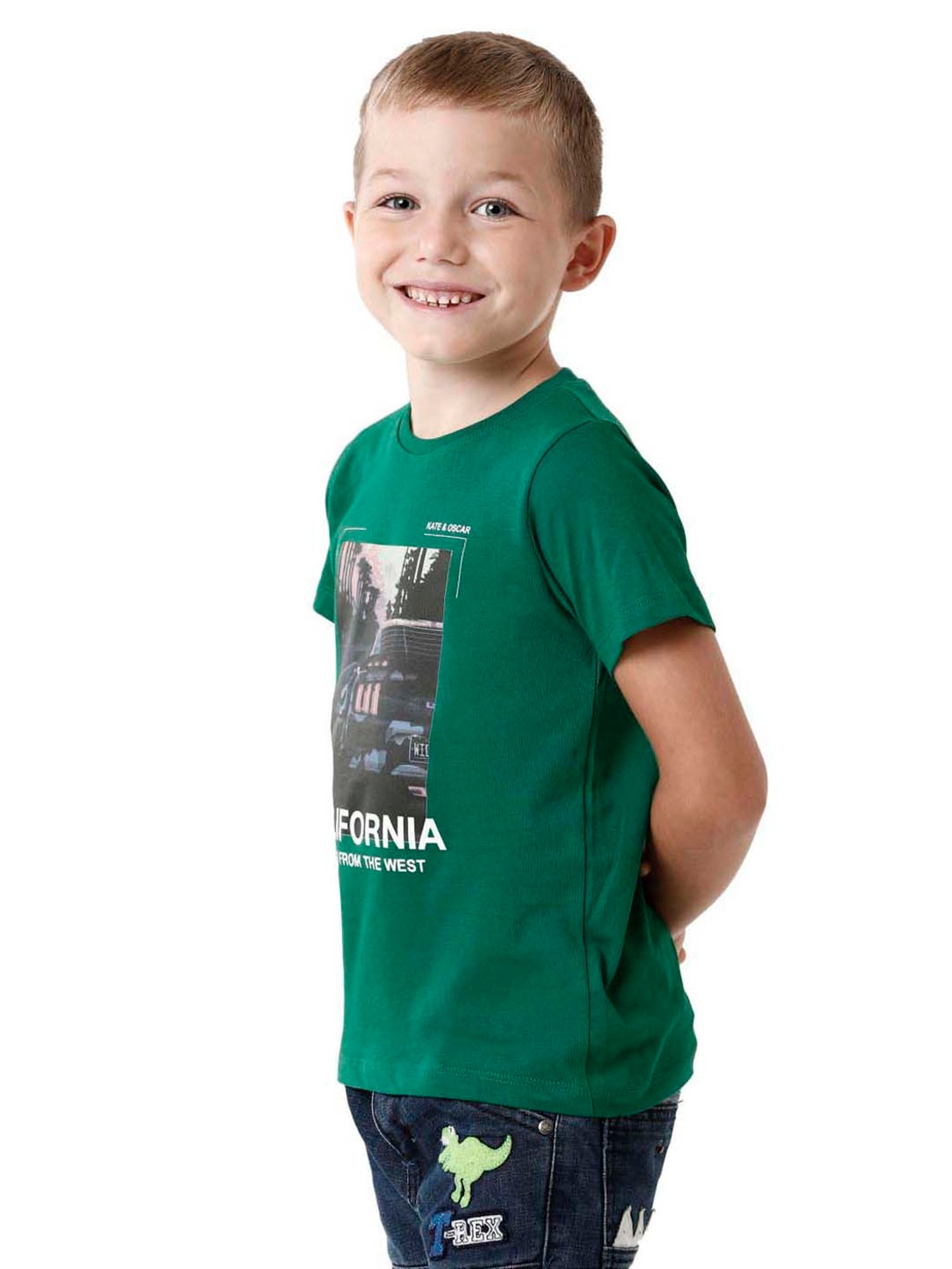 Kate & Oscar Boys Green Cotton Printed T-Shirt