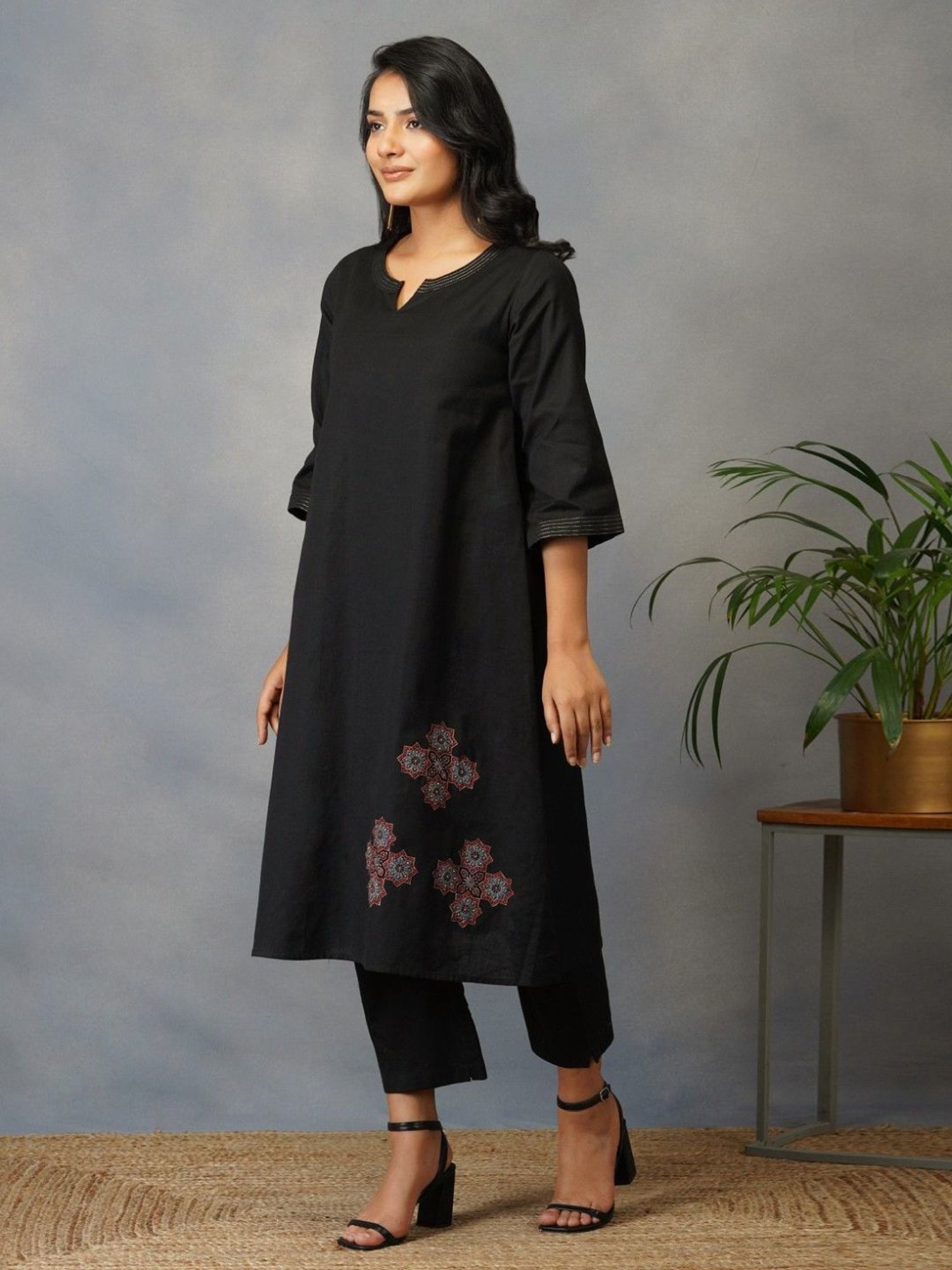 Akiso Bakhair Black A Line Kurta With Handblock Ajrak Patch Work Set With Pants