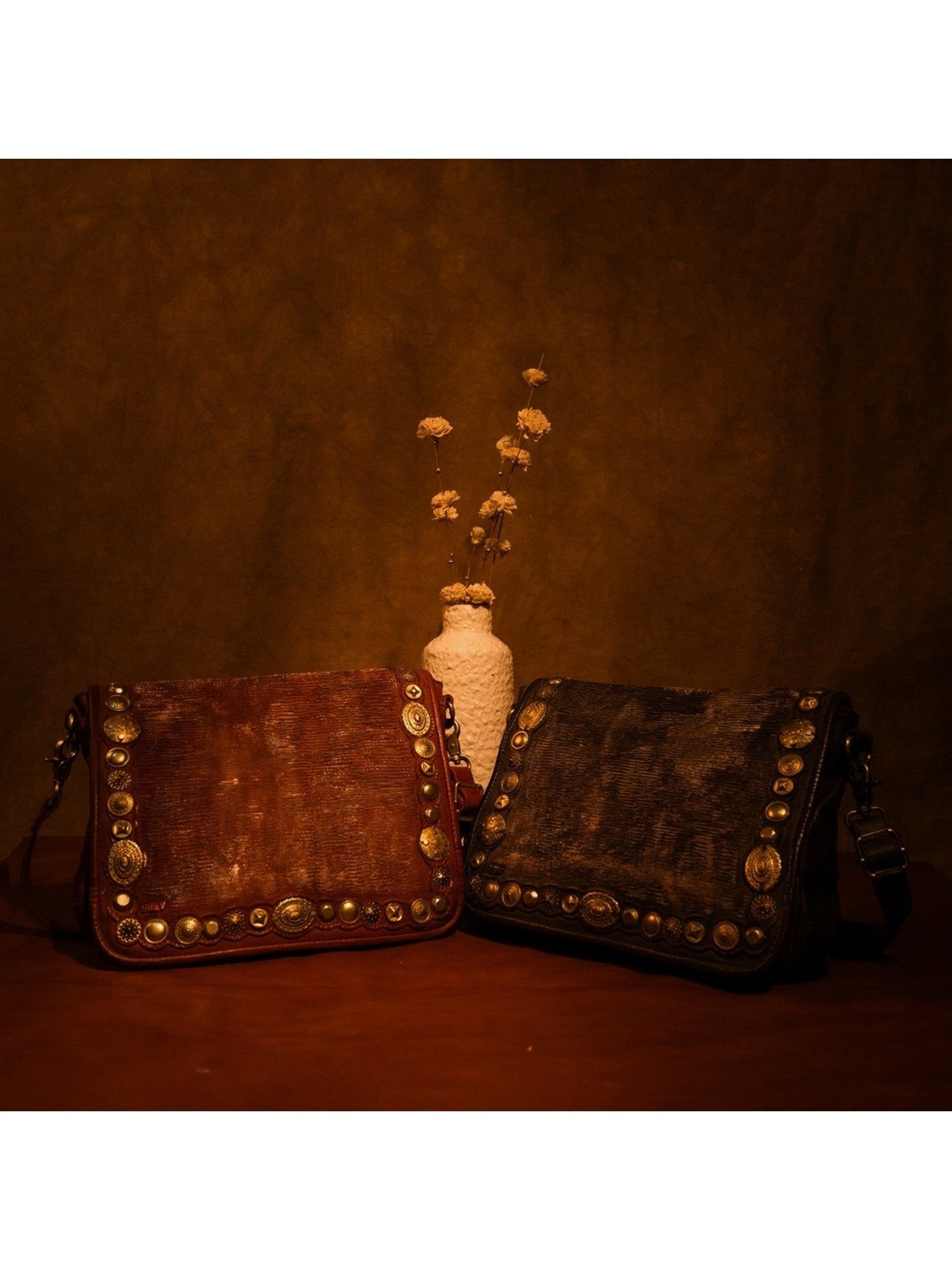 Art N Vintage Silvia Cognac Leather Embellished Medium Sling Handbag