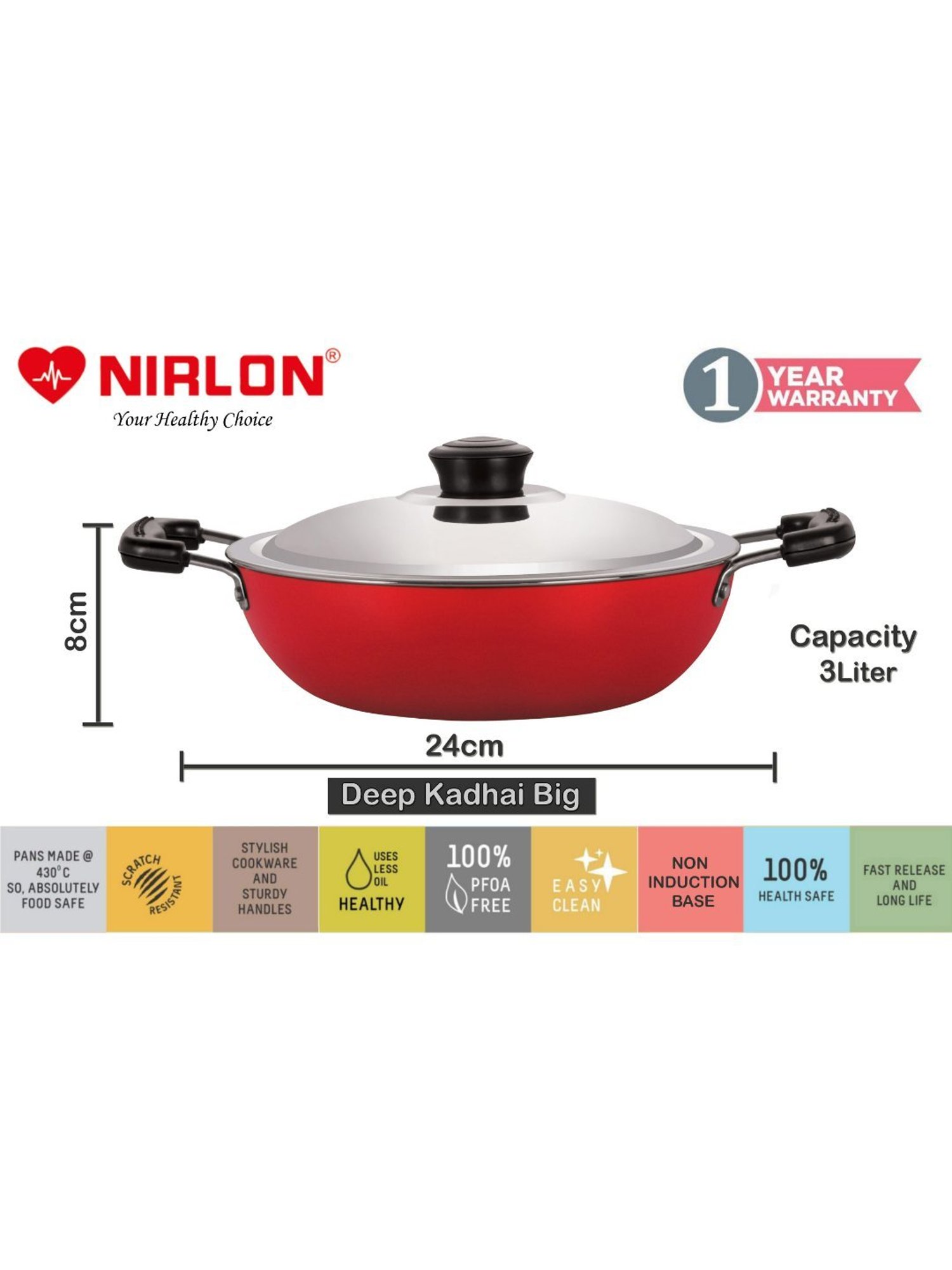 Nirlon Red Aluminium Non-Stick Cookware Combo Kadai Set of 2