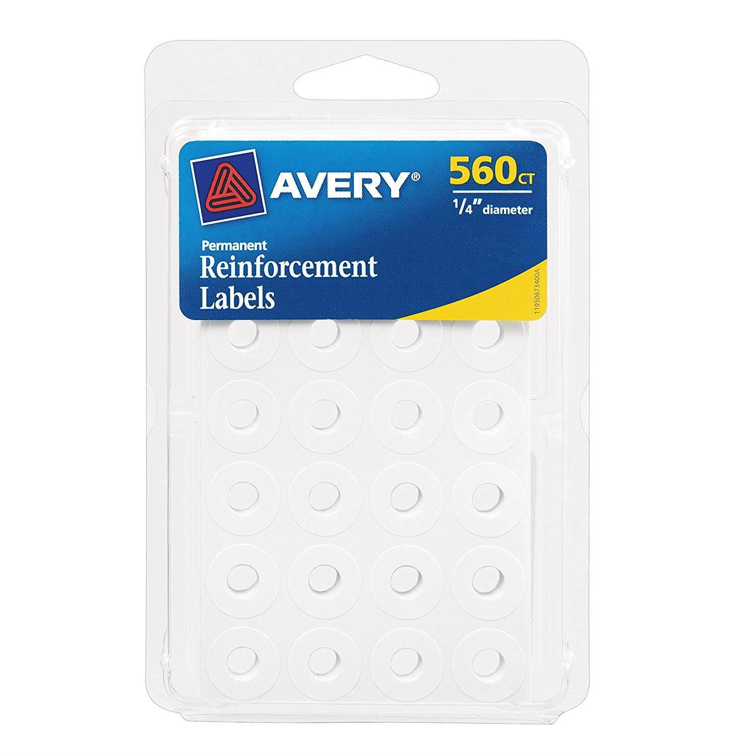 Avery White Self-Adhesive Reinforcement Labels, 1/4" Round, 560 Labels per Pack, Case Pack of 36 (6734)