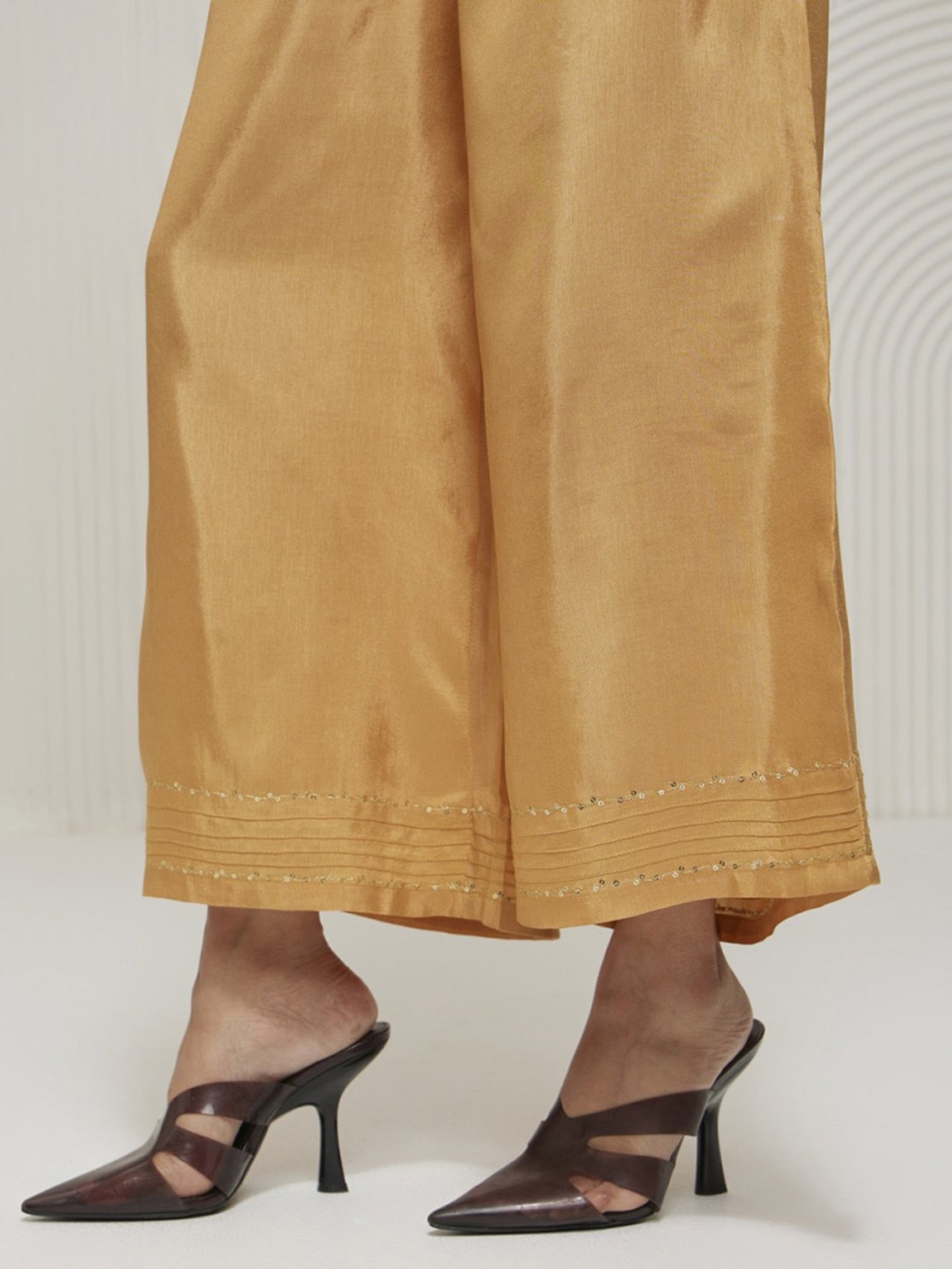 Artagai Gold Earth Palazzo with Pin Tucks and Embroidery At Hemline
