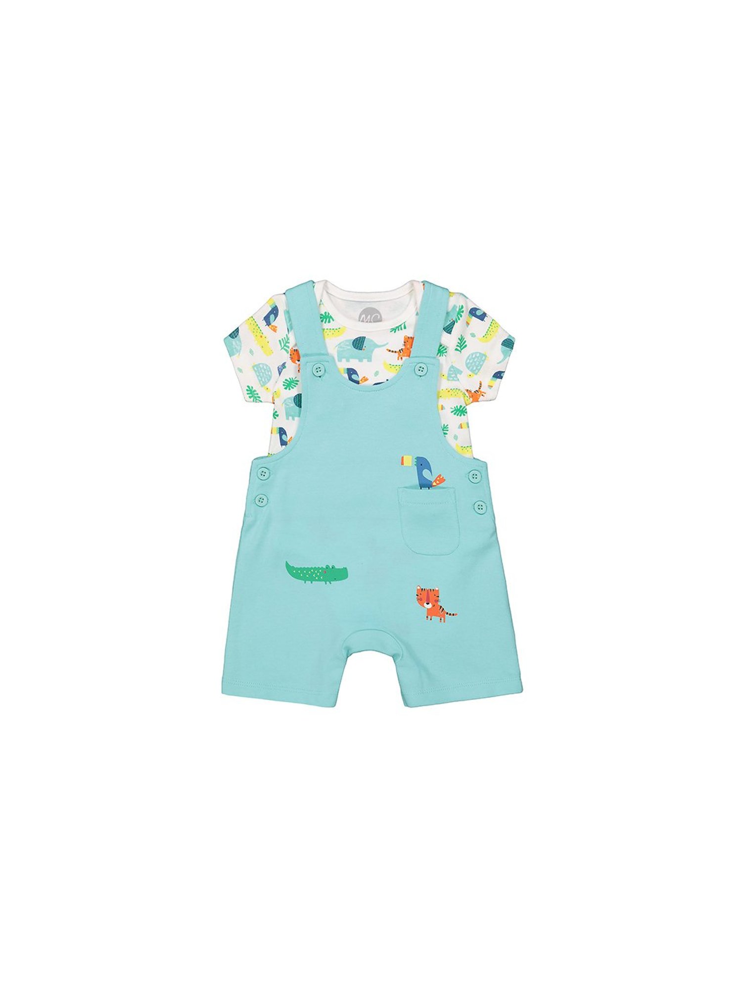 Mothercare Kids Sky Blue & White Printed Dungaree with Bodysuit