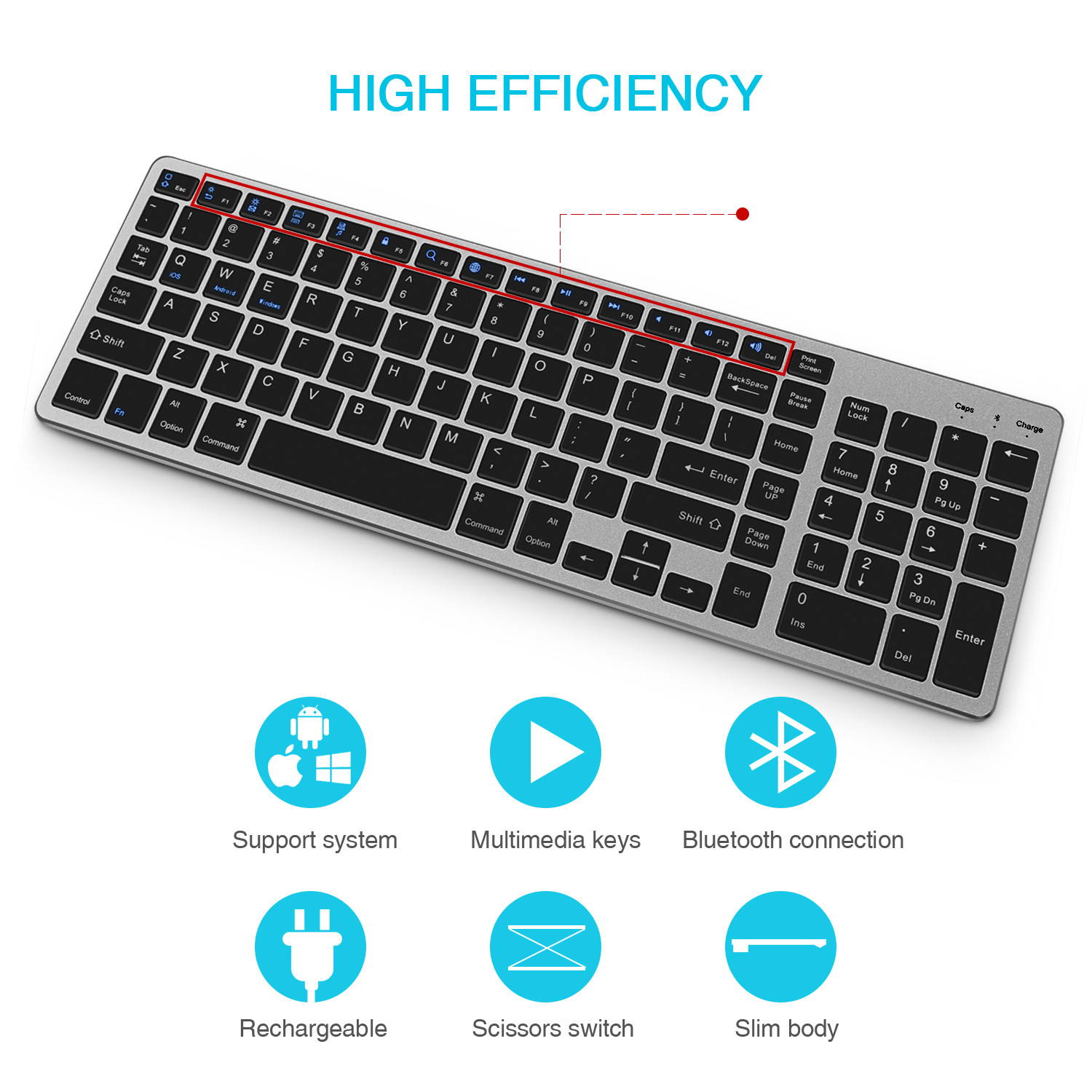 Rechargeable Bluetooth Keyboard Wireless Full Size Keypad with Number Pad for Laptop/Desktop support Win/IOS/Android
