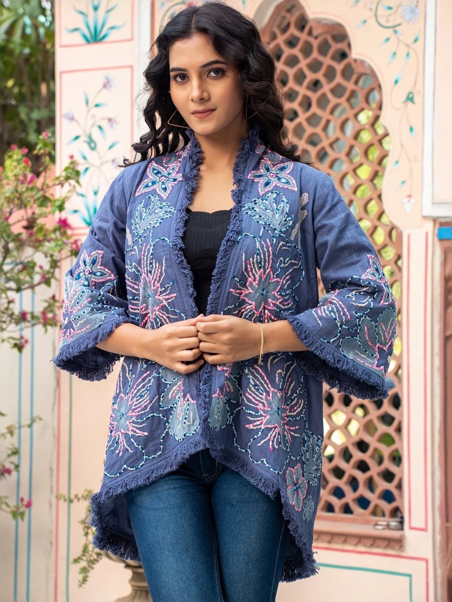 Zolo Label Blue Cotton Embroidered Jacket