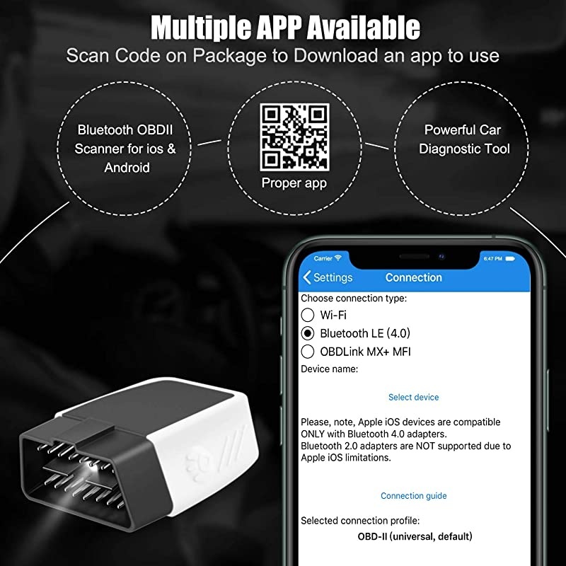Wireless Bluetooth OBD2 Scanner Car Engine Fault Code Reader, CAN Diagnostic Scan Tool for OBDII Protocol Cars Since 1996, App Compatible with Android and iPhone