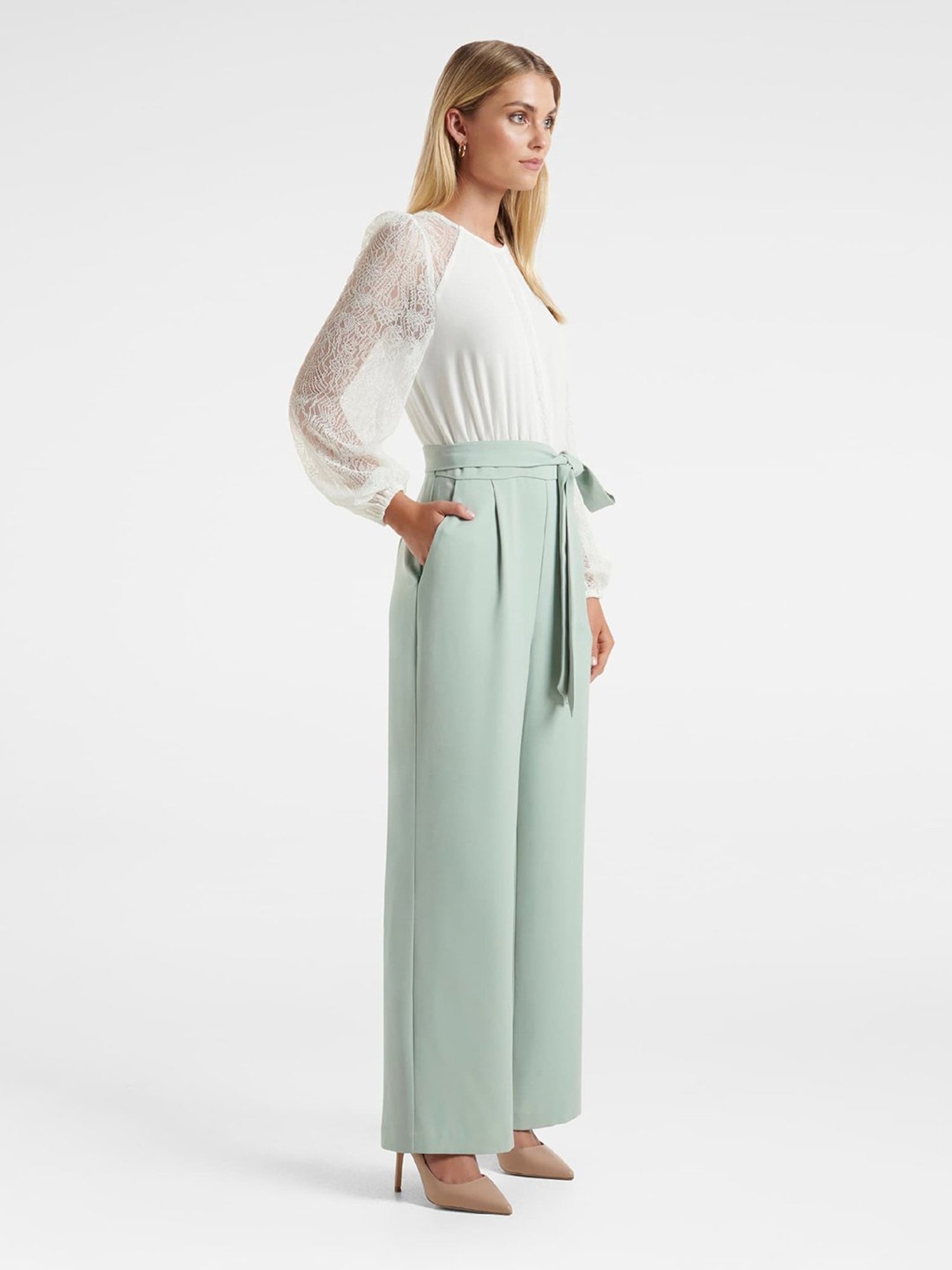 Forever New Sage Green & White Lace Jumpsuit