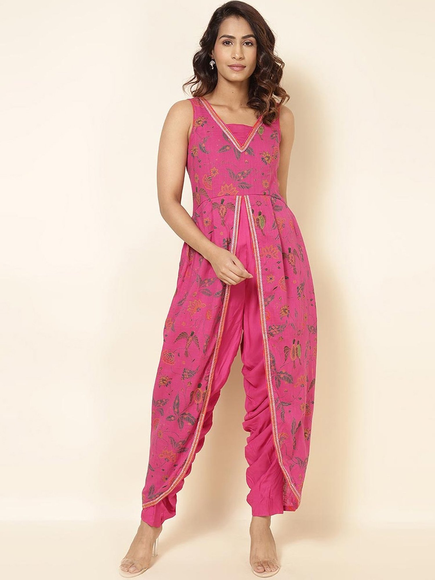 Fabindia Pink Cotton Floral Print Jumpsuit