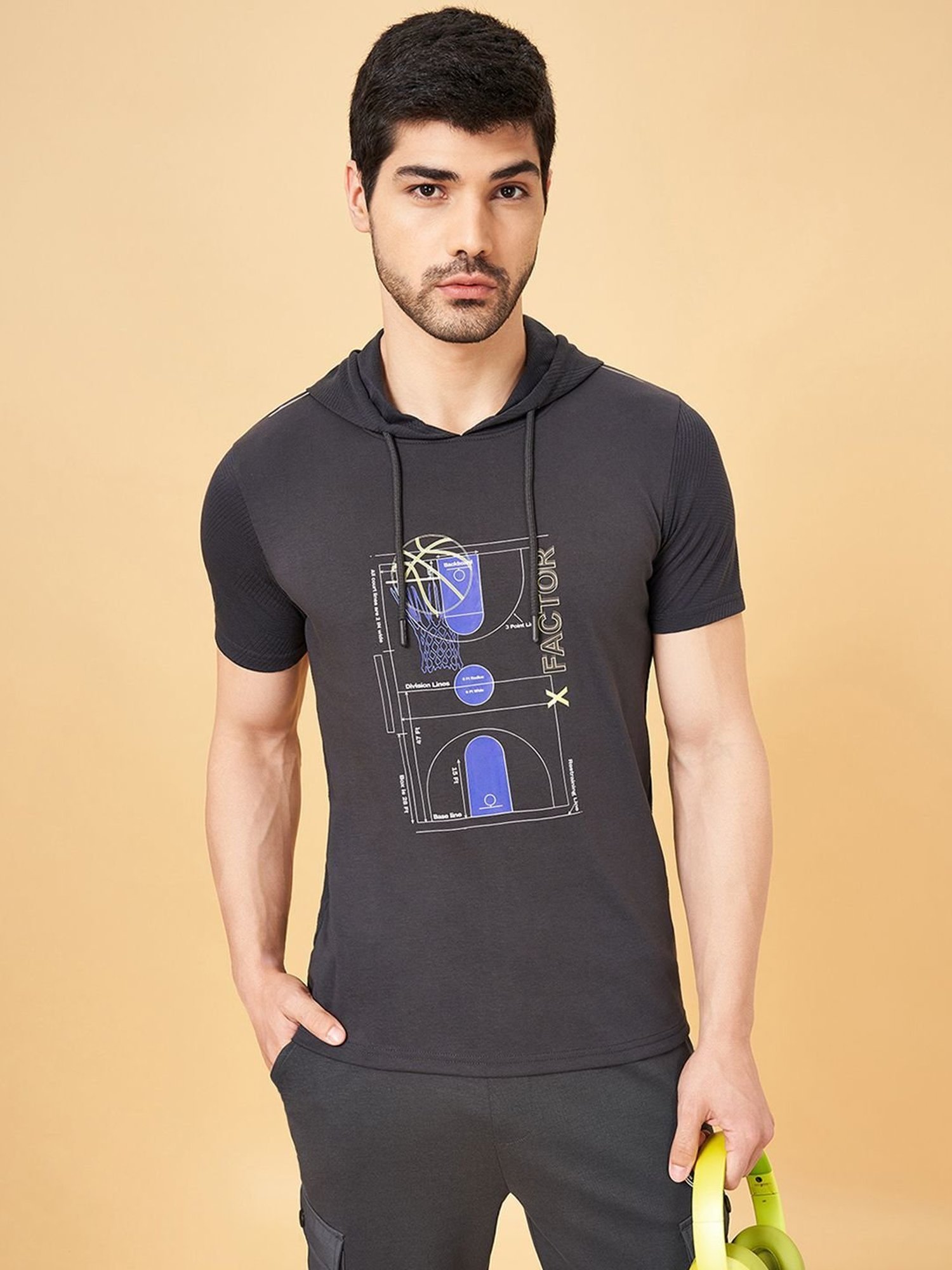 Ajile By Pantaloons Castor Gray Slim Fit Printed Hooded T-Shirt