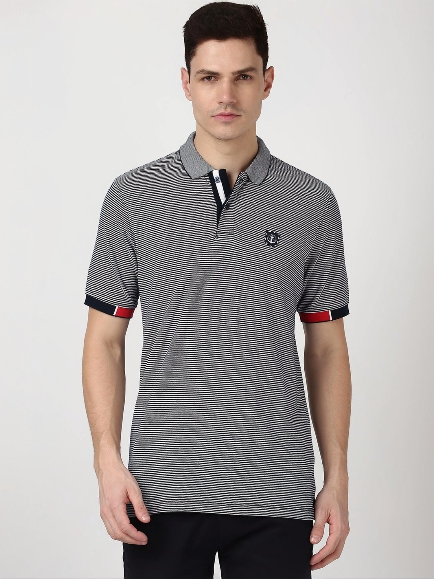 Peter England White Cotton Regular Fit Striped T-Shirt