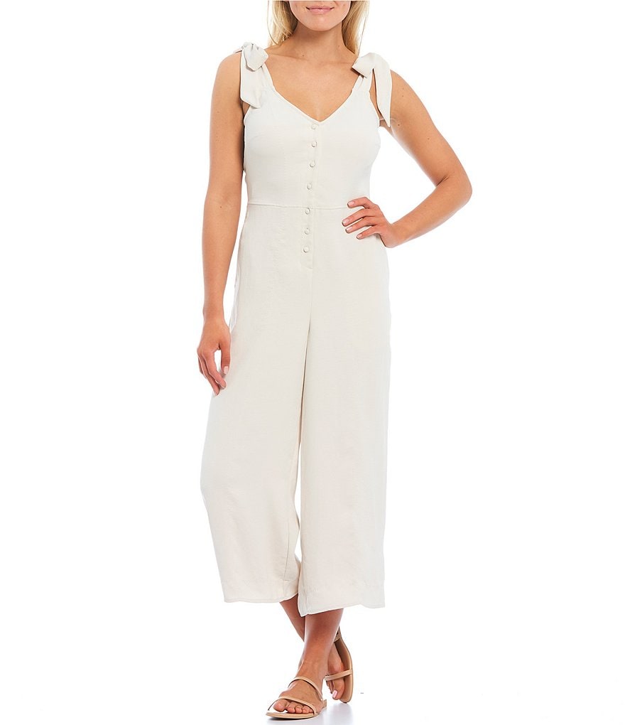 Chelsea & Violet Wide Leg Button Front Washed Pique V-Neck Sleeveless Jumpsuit