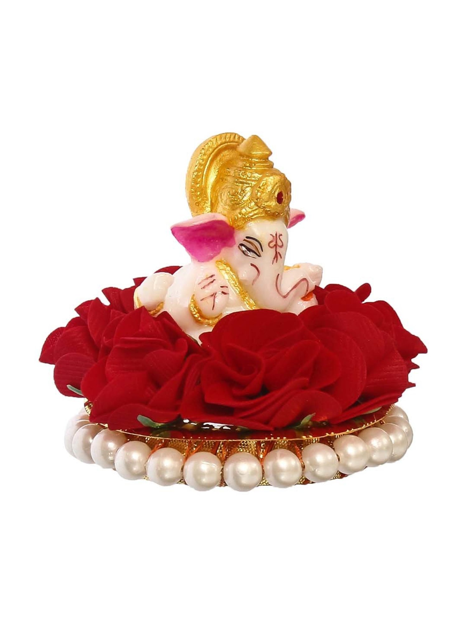 eCraftIndia Lord Ganesha Idol on Decorative Handcrafted Plate with Red Flowers