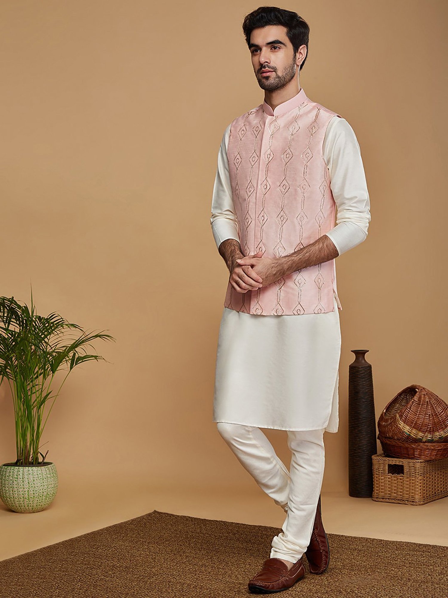 KISAH Pink Regular Fit Embroidered Nehru Jacket