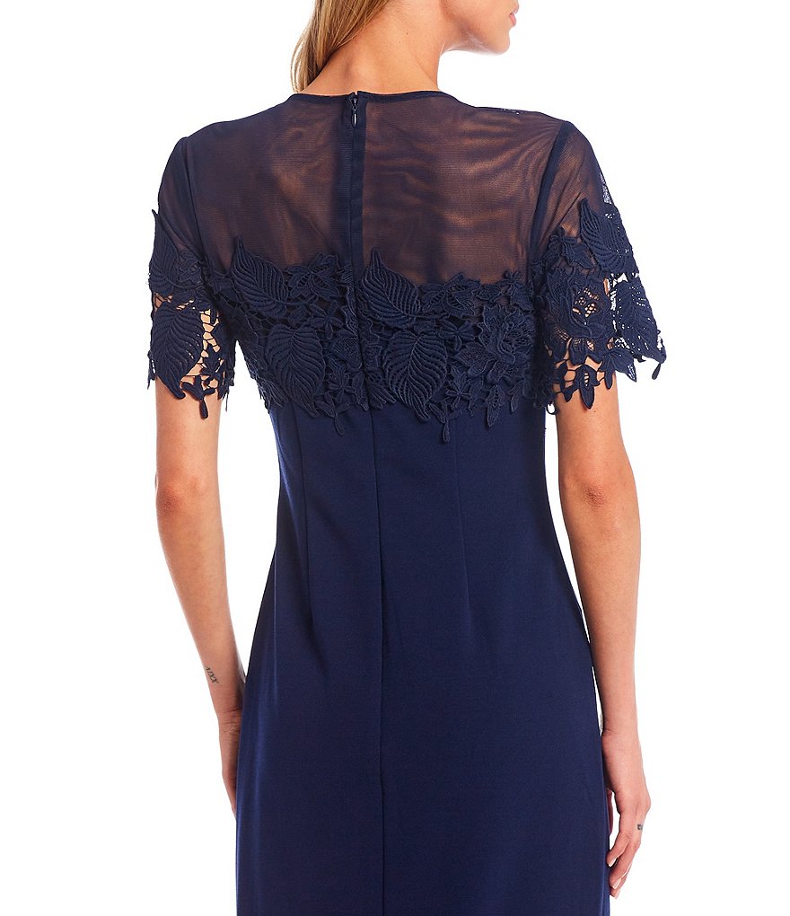 Jkara Chiffon Popover Beaded V-Neck 3/4 Capelet Sleeve Gown