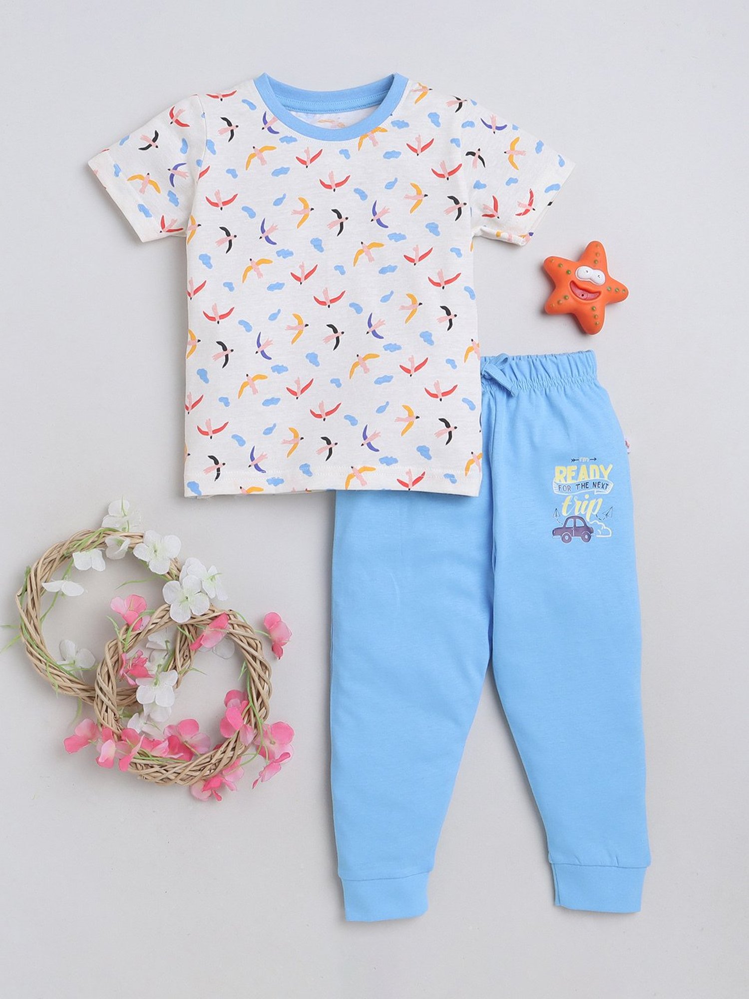Bumzee Kids Cream & Blue Printed T-Shirt With Pyjamas