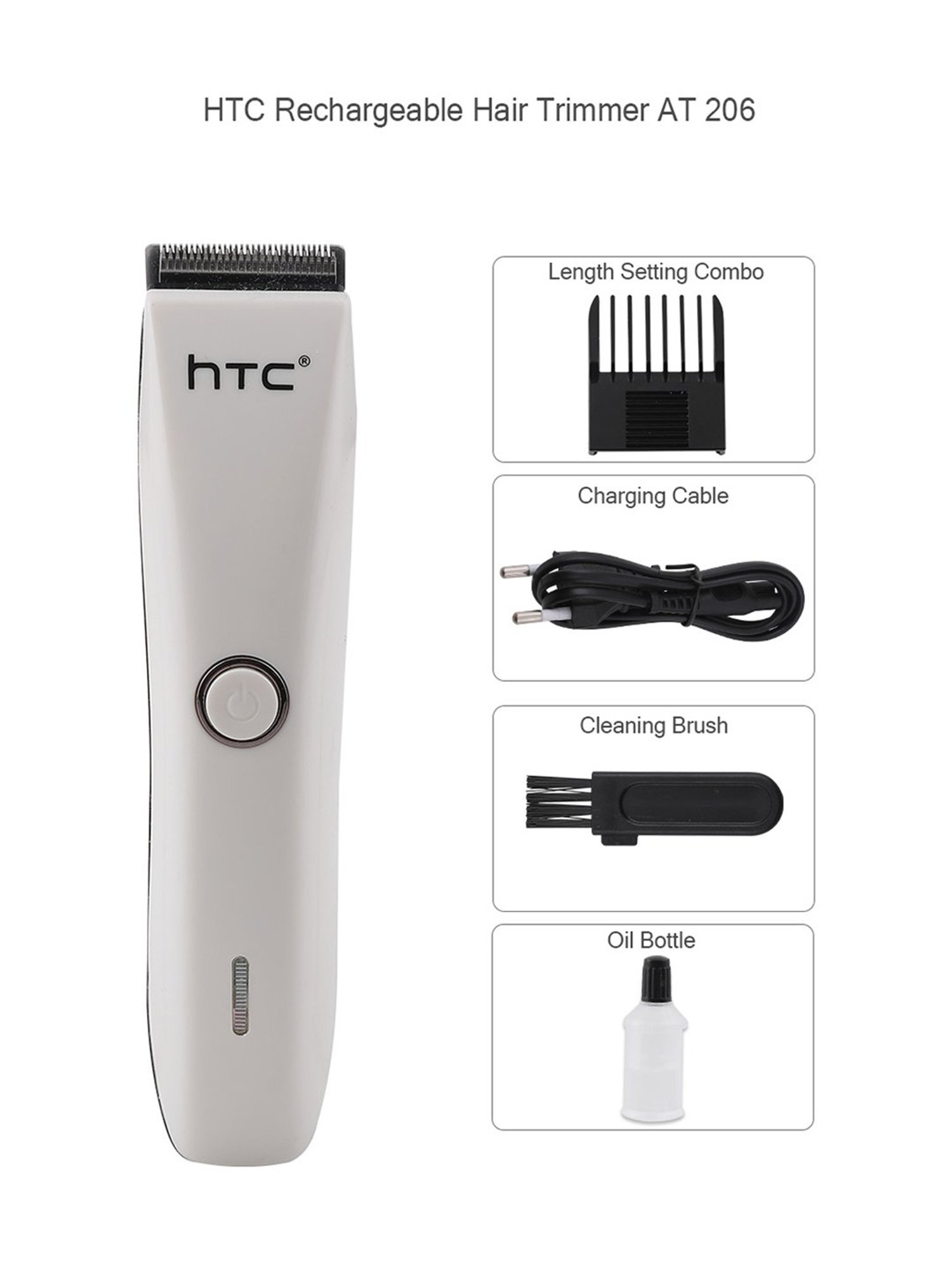 HTC AT-206 Rechargeable Hair Trimmer with 45 min Runtime, 1 Length Settings (White)