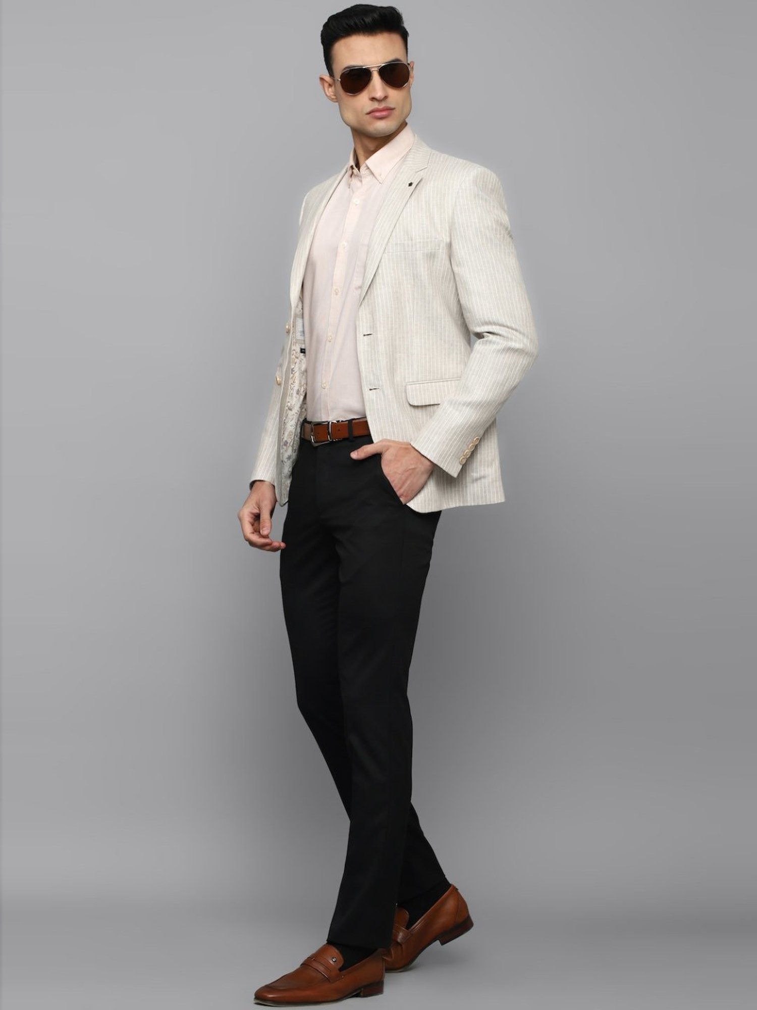Louis Philippe Beige Linen Slim Fit Self Pattern Blazer