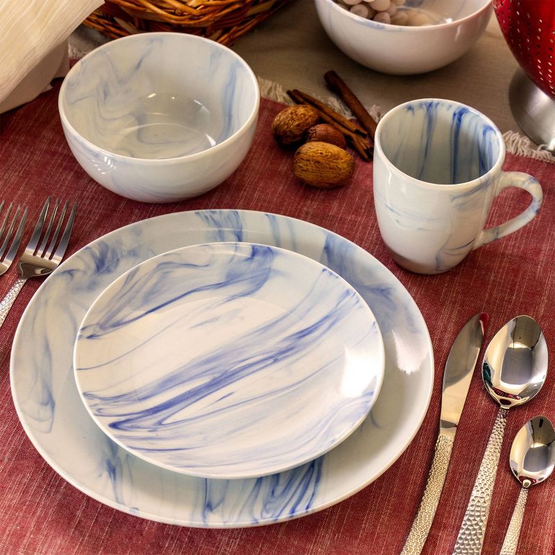 16pc Stoneware Fine Marble Dinnerware Set Blue/White Blue/White - Elama