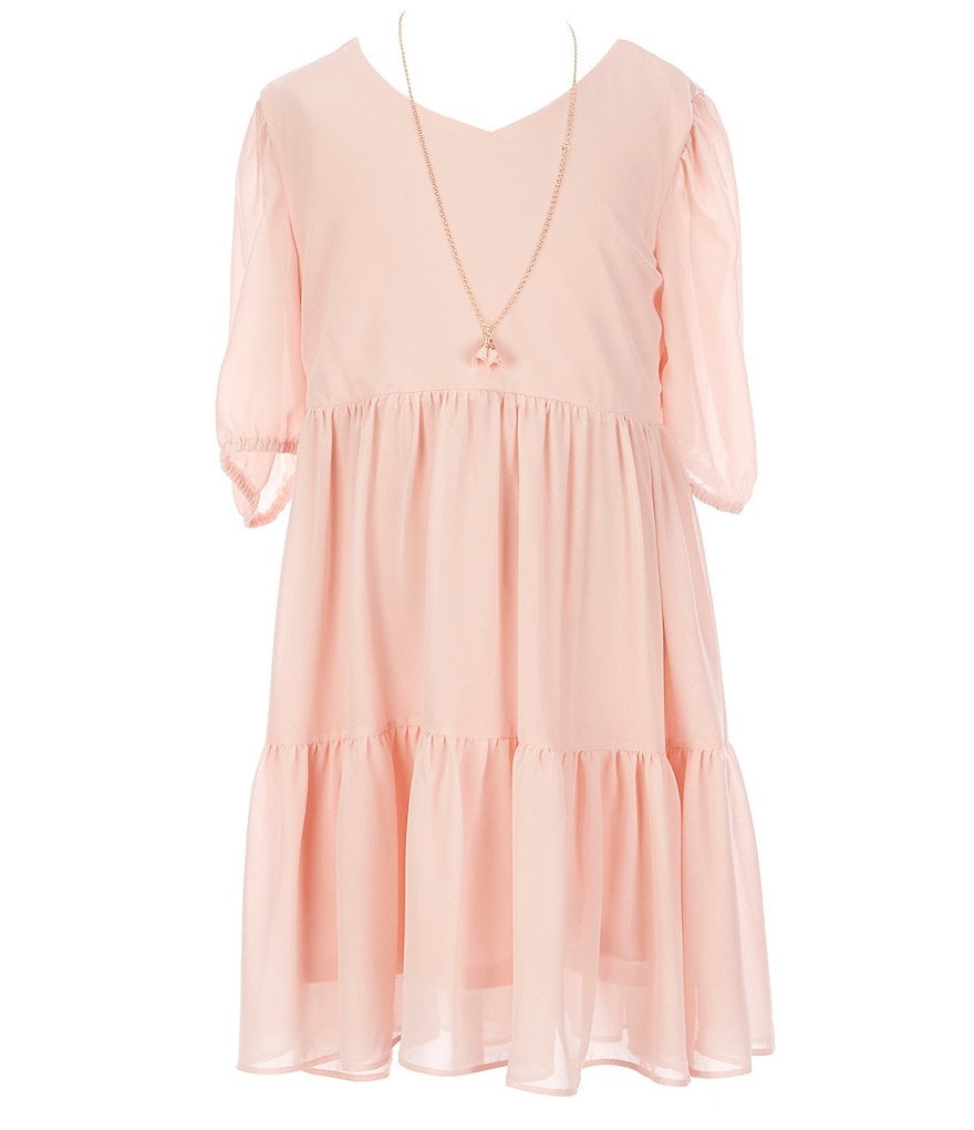 I.N. Girl 7-16 Puffed-Sleeve Solid Georgette Fit-And-Flare Dress