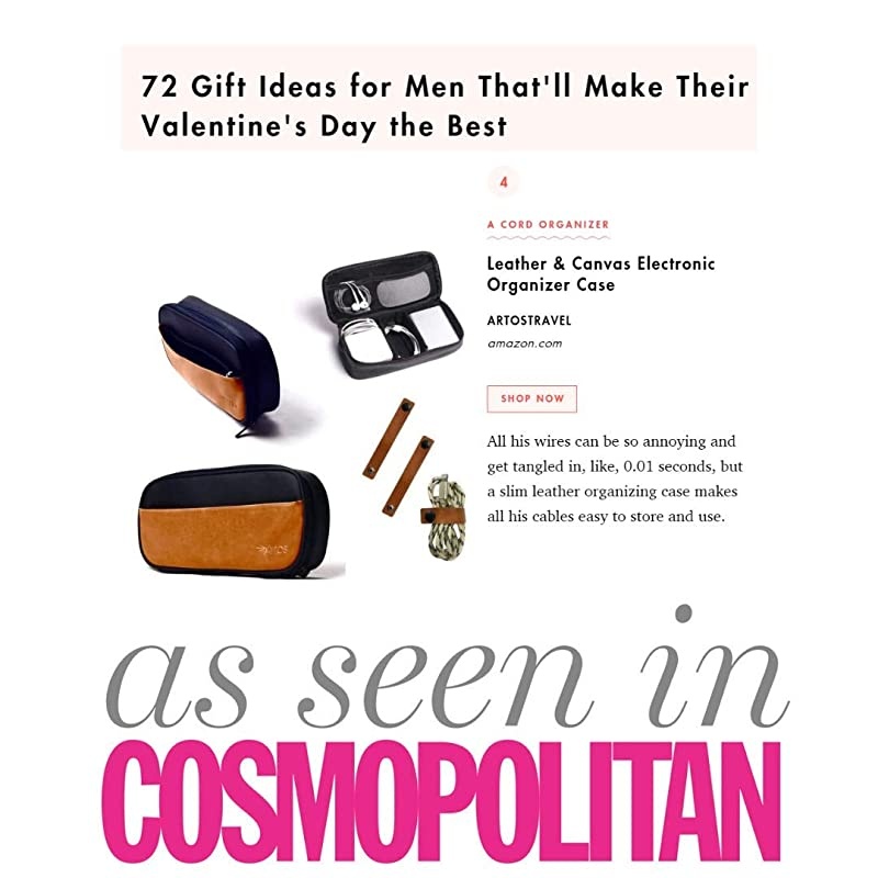 Leather Canvas Electronics Organizer Case Accessories Bag W 3 Leather Cable Straps | Tech Gadget Zipper Pouch| for Cord Phone Tablet Laptop Chargers Power Bank