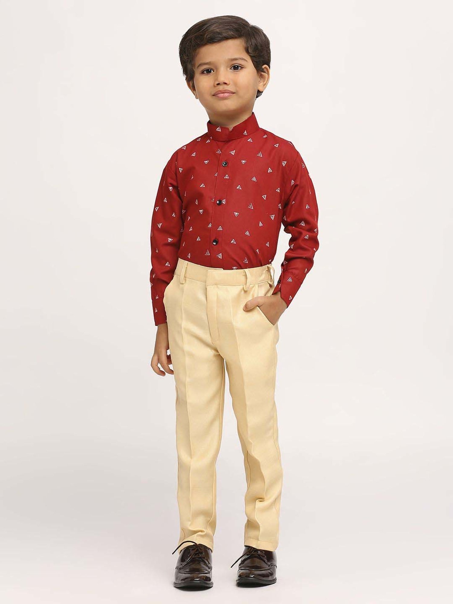 Kids Island Boys Red & Beige Solid Full Sleeves Suit Set