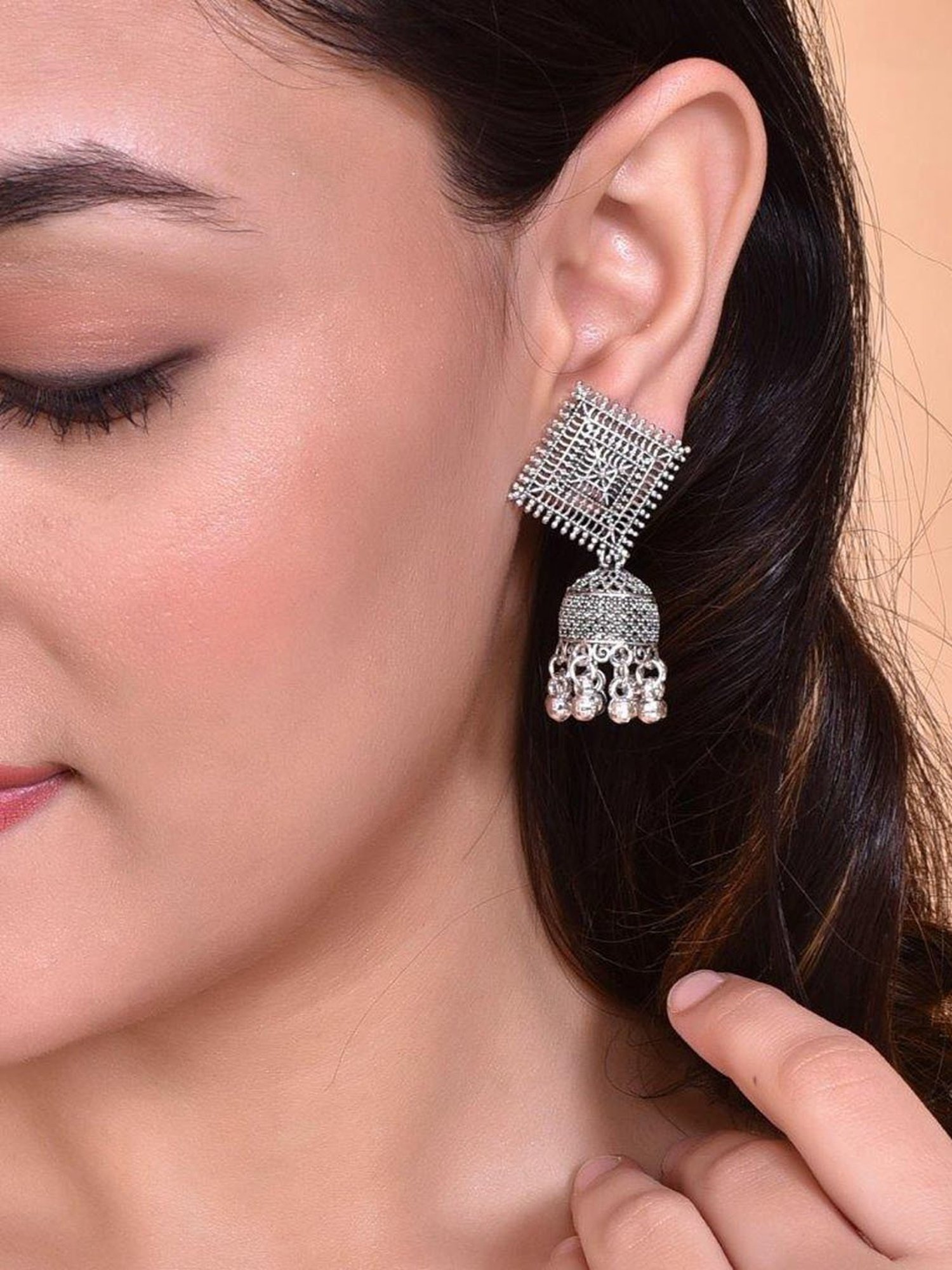 VOJ Silver Plated Oxidised Jhumka for Women