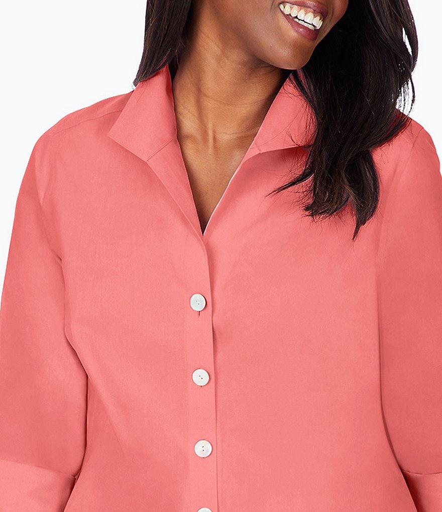 Foxcroft Plus Size Pandora 3/4 Sleeve Spread Point Collar Neck Button Front Shaped Tunic