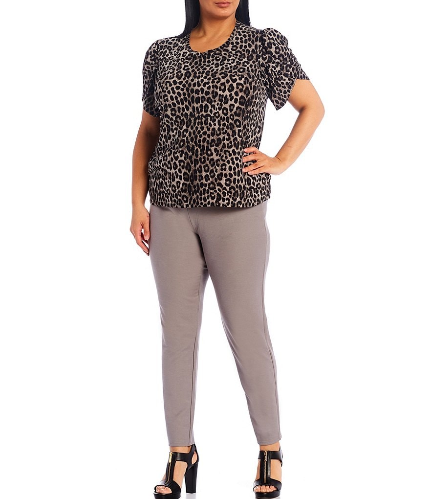 MICHAEL Michael Kors Plus Size Cheetah Print Lux Matte Jersey Round Neck Tulip Short Sleeve Top