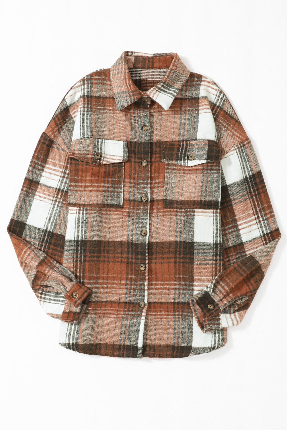 Brown Plaid Button Up Long Sleeve Flannel Shacket
