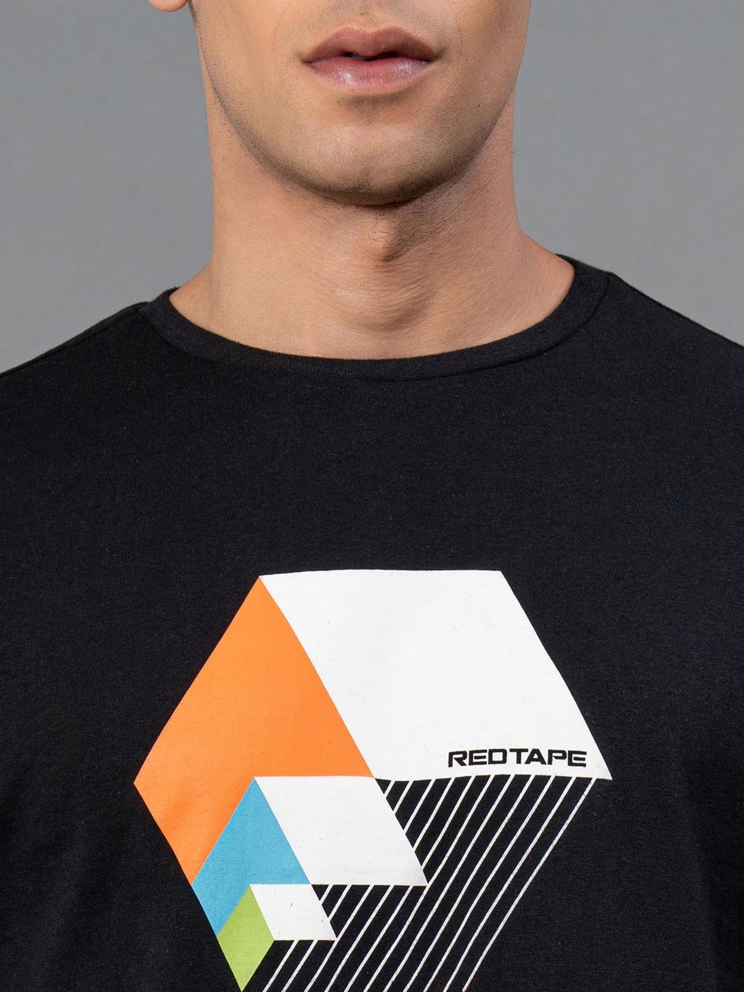 Red Tape Black Regular Fit Graphic Print Cotton Crew T-Shirt