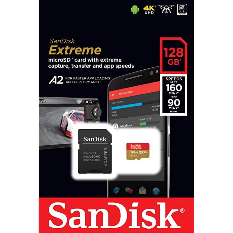 128GB Extreme microSDXC UHSI Memory Card with Adapter C10 U3 V30 4K A2 Micro SD SDSQXA1128GGN6MA