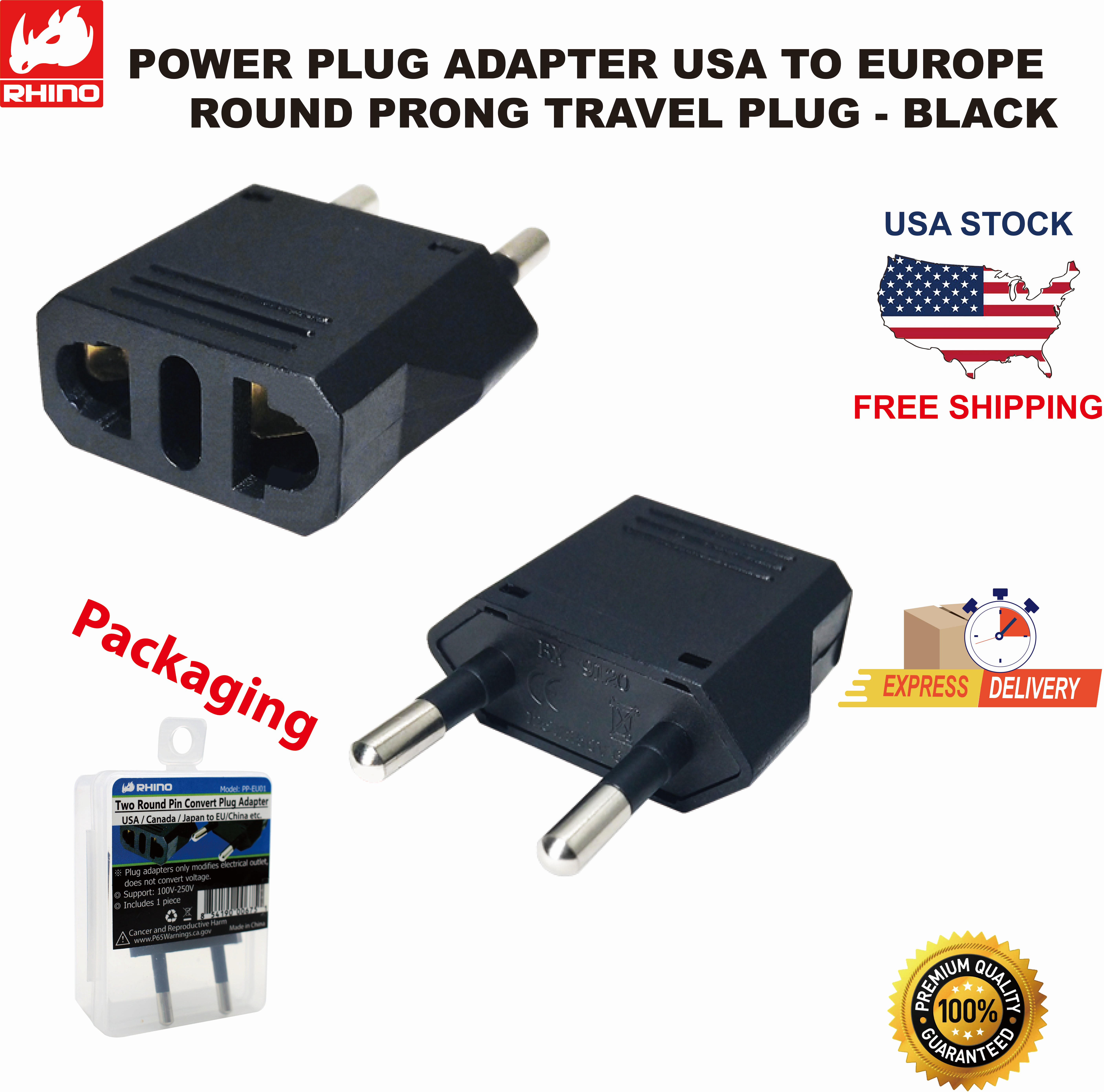 RHINO Power Plug Adapter USA to Europe Round Prong Travel Plug - Black